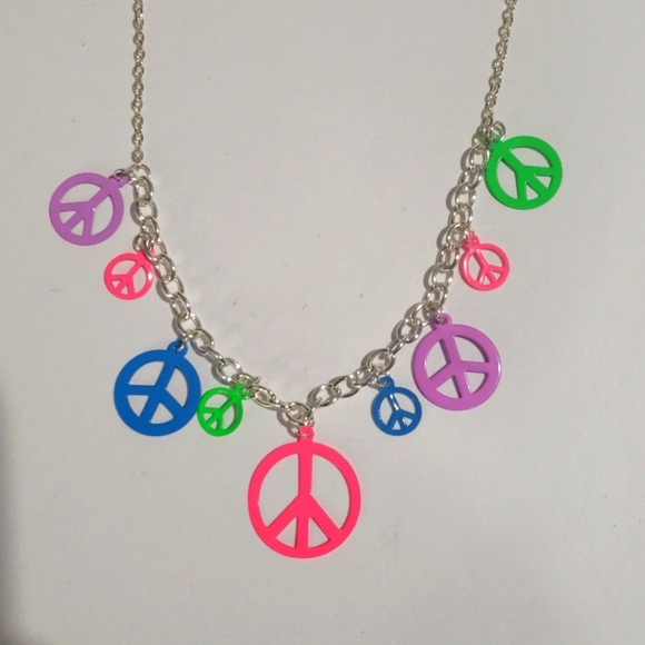 Silver-tone Necklace Colorful Peace Symbol Charms - Women's Fashion Jewelry - Picture 3 of 6